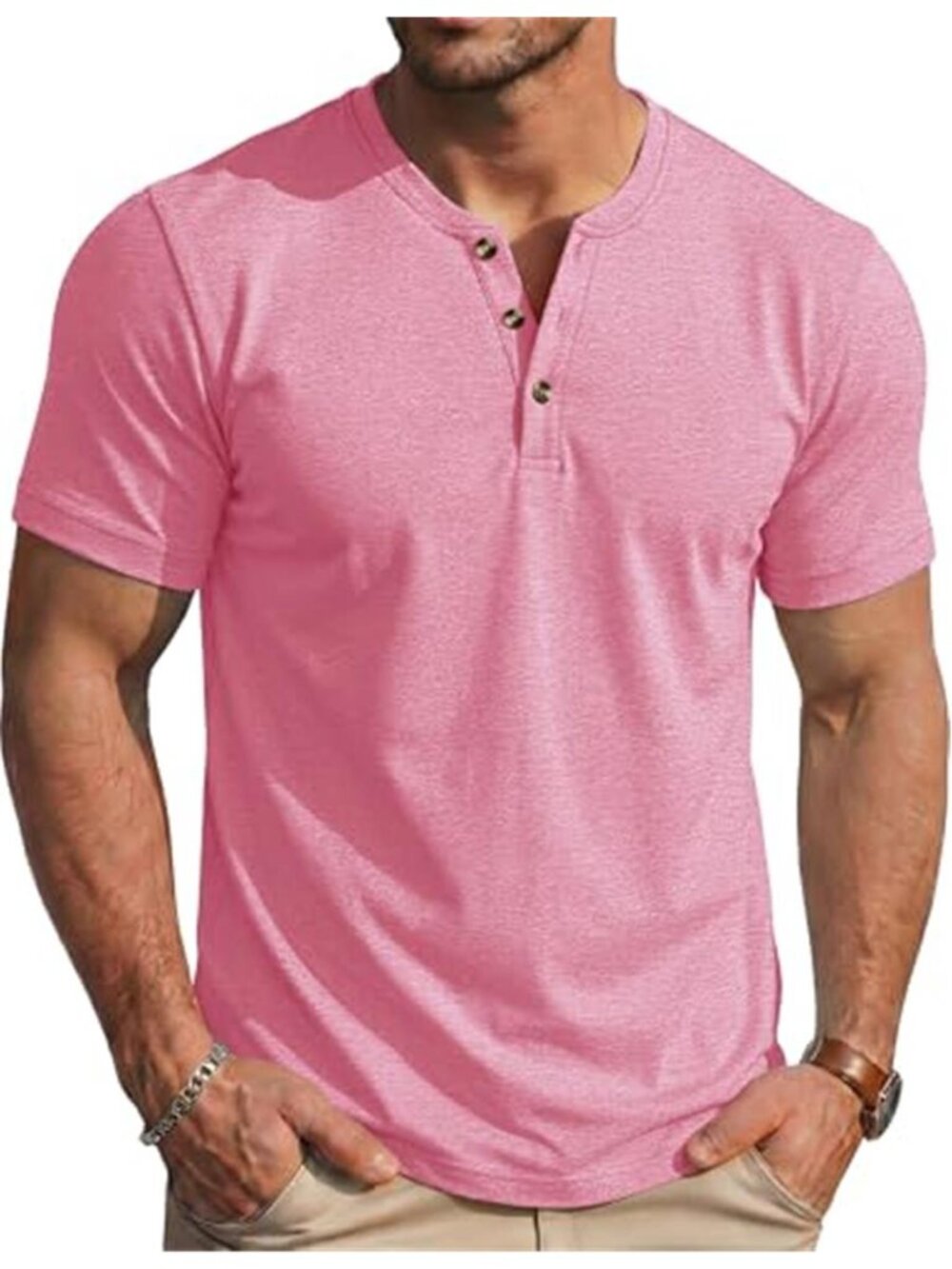 Mens Henley Short Sleeve Shirt Moisture Wicking Lightweight Cotton Grey Pink Tee
